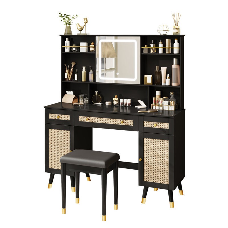 Elegant Black Dresser Vanity with Lighted Mirror, Rattan Accents &amp; Gold Legs Functional Bedroom Dresser for Makeup Storage