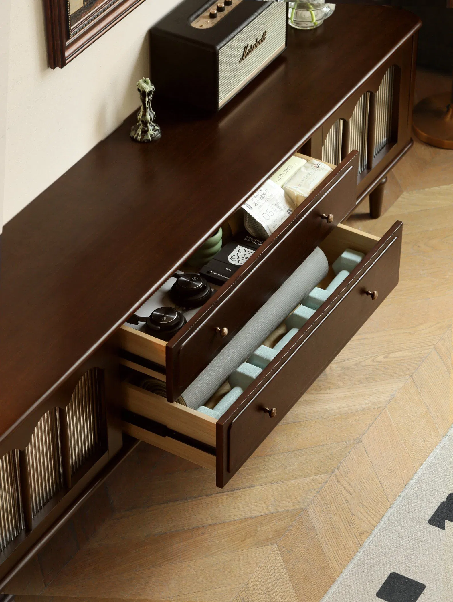 Dark Brown TV Stand with Arched Glass Doors Perfect for Living Room