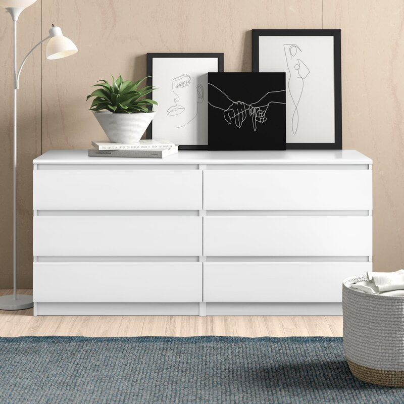 6 Drawer Dresser Wide Chest of Drawers Nightstand with Wood Top Storage Tower Storage Dresser Closet for Living Room Bedroom
