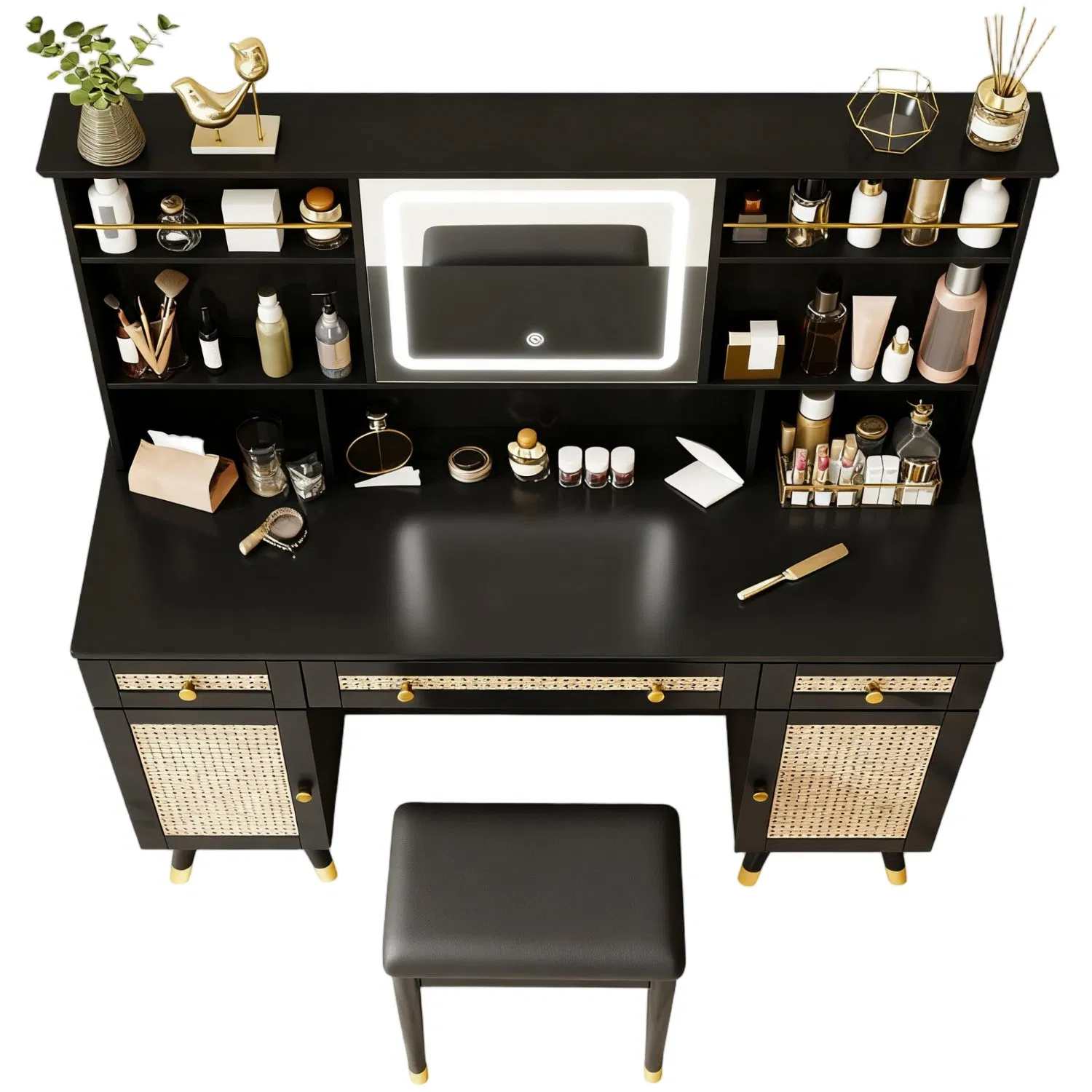 Elegant Black Dresser Vanity with Lighted Mirror, Rattan Accents &amp; Gold Legs Functional Bedroom Dresser for Makeup Storage