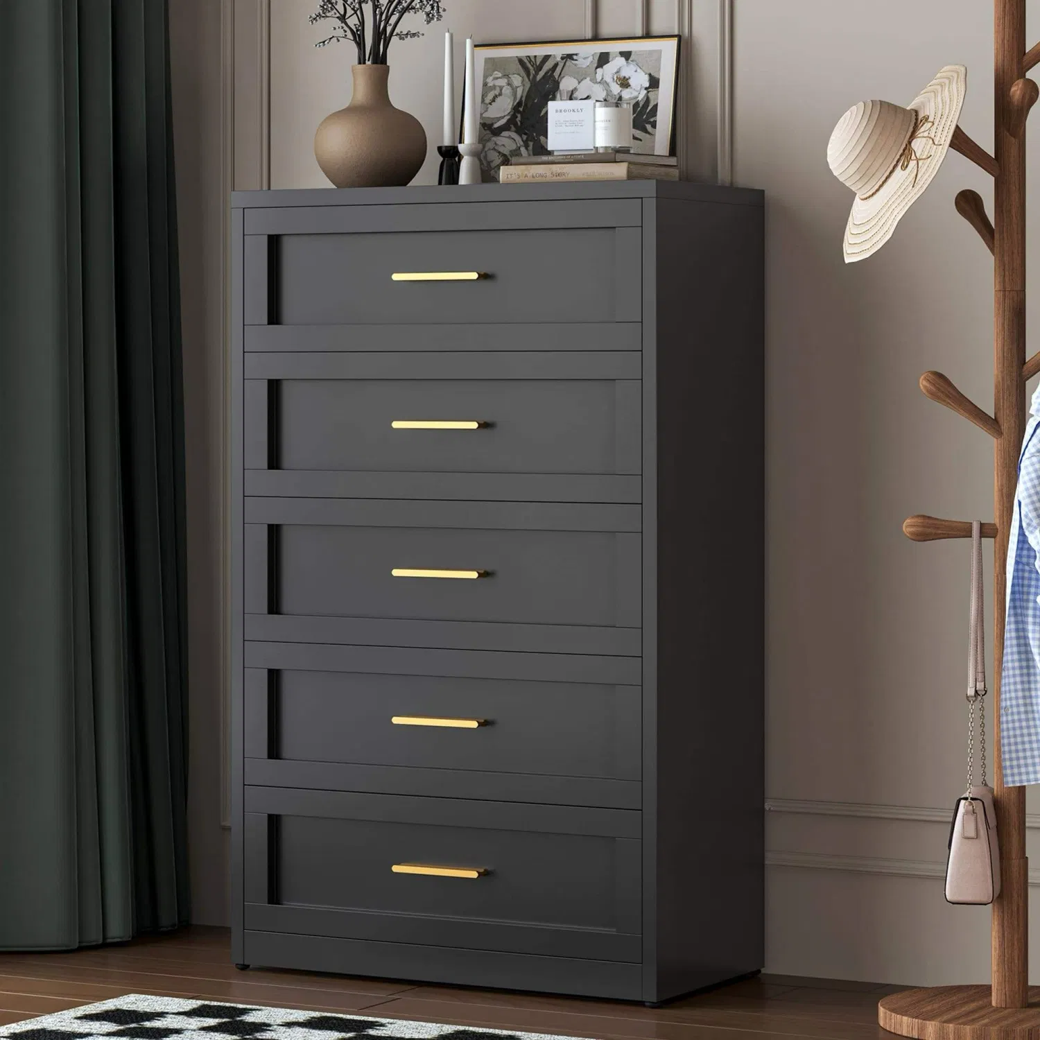 Sturdy Steel Five Drawer Chest with Smooth Sliding Rails for Bedroom Storage