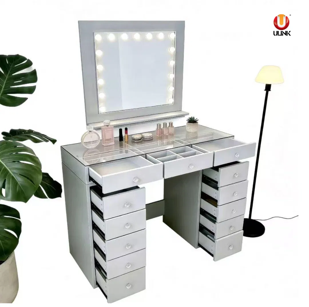 Wholesale Melamine Bedroom Dressing Table Makeup Vanity Mirrored Dresser with Side Cabinet