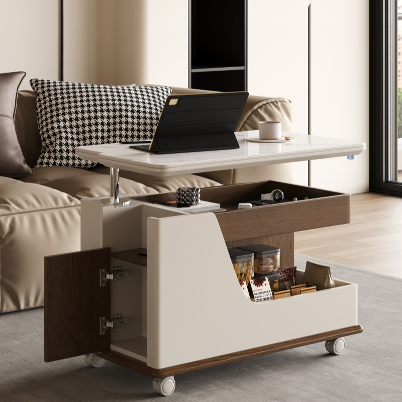 Solid Wood Liftable Mobile Trolley Side Table Coffeetable for Living Room