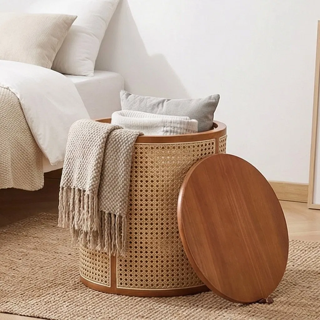 Natural Style Round Side Table Wood Top with Rattan for Living Room
