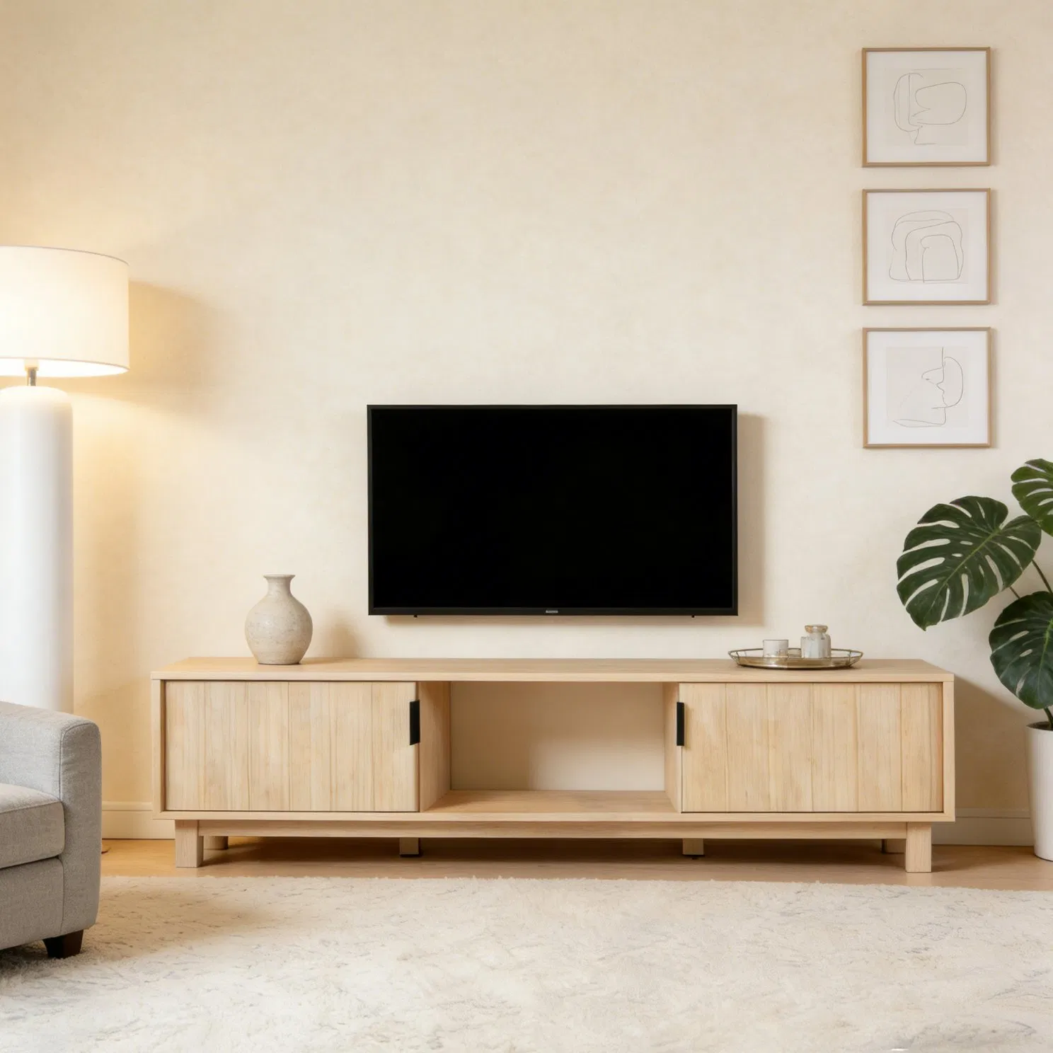 177cm Fluted Door TV Stand MDF Natural Color Living Room Media Console