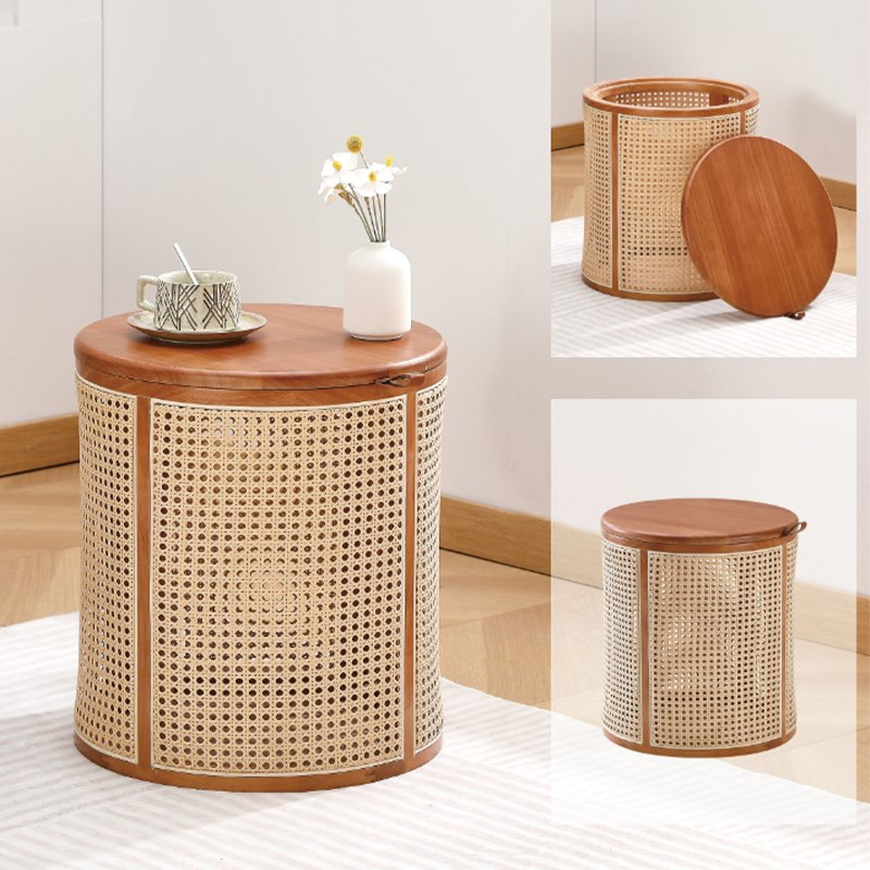 Natural Style Round Side Table Wood Top with Rattan for Living Room