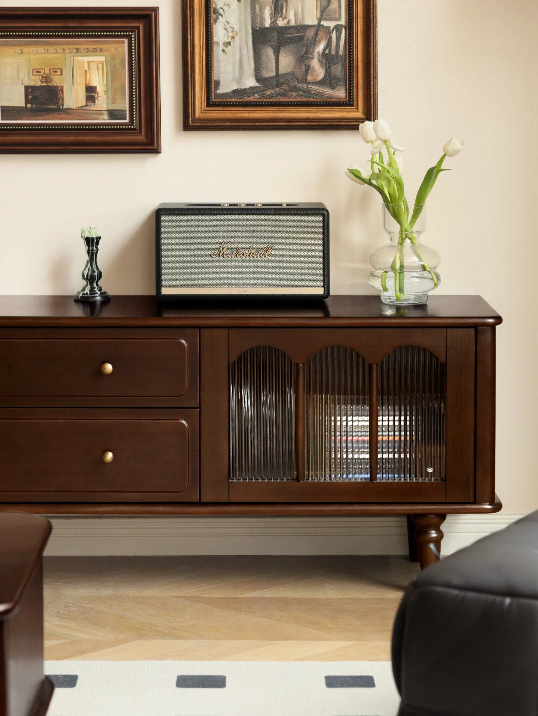 Dark Brown TV Stand with Arched Glass Doors Perfect for Living Room