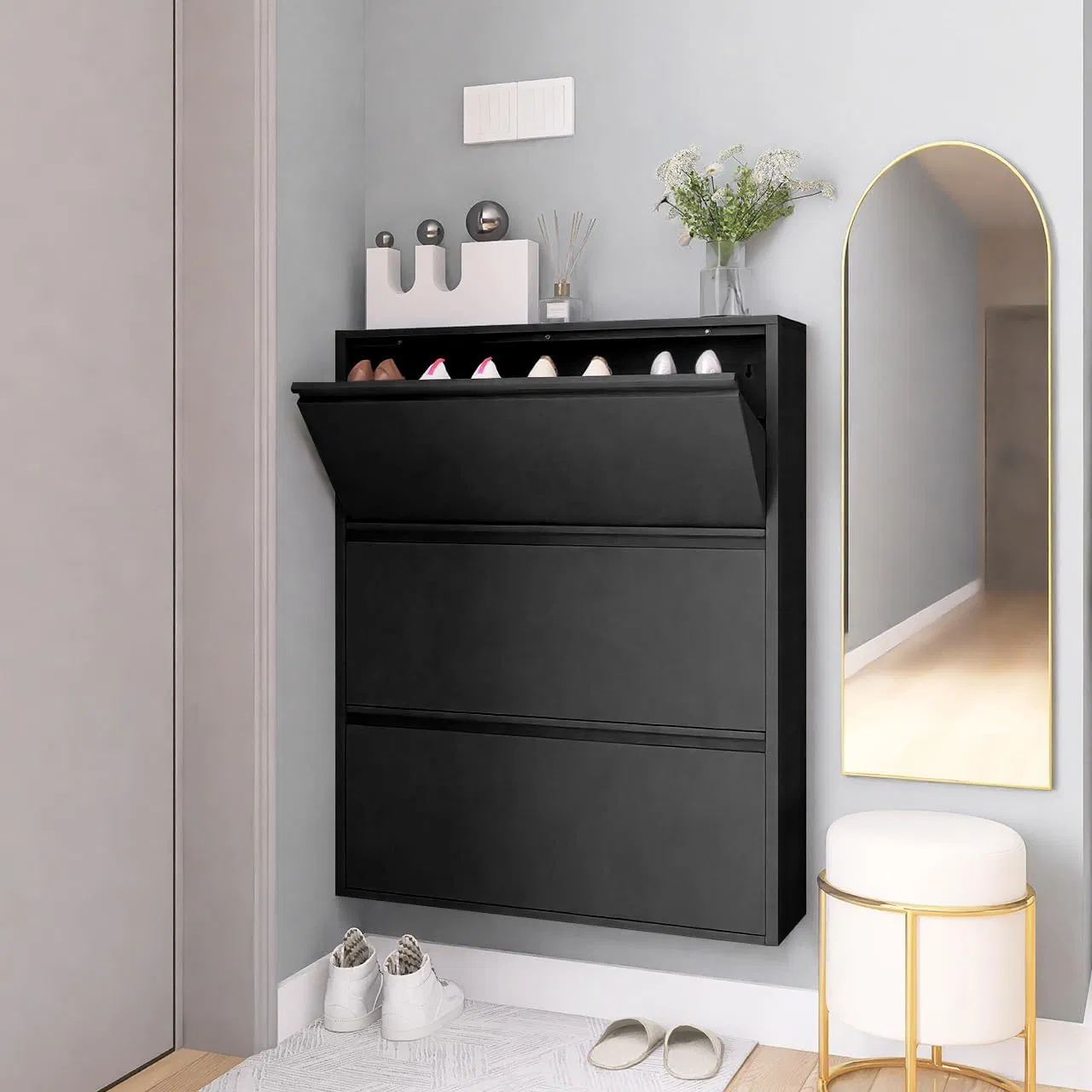 Stylish Wall-Mounted Steel Shoe Cabinet with 3 Flip Drawers Steel Shoe Cabinet with 3 Flip Drawers Wall Mount Metal Shoe Organizer for Entryway