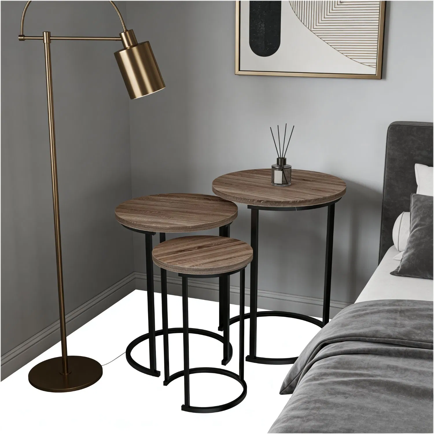Nested Round Coffee Table Set of 3: Walnut Wood Grain Top with Black Metal Frame, Space-Saving Living Room Side Tables