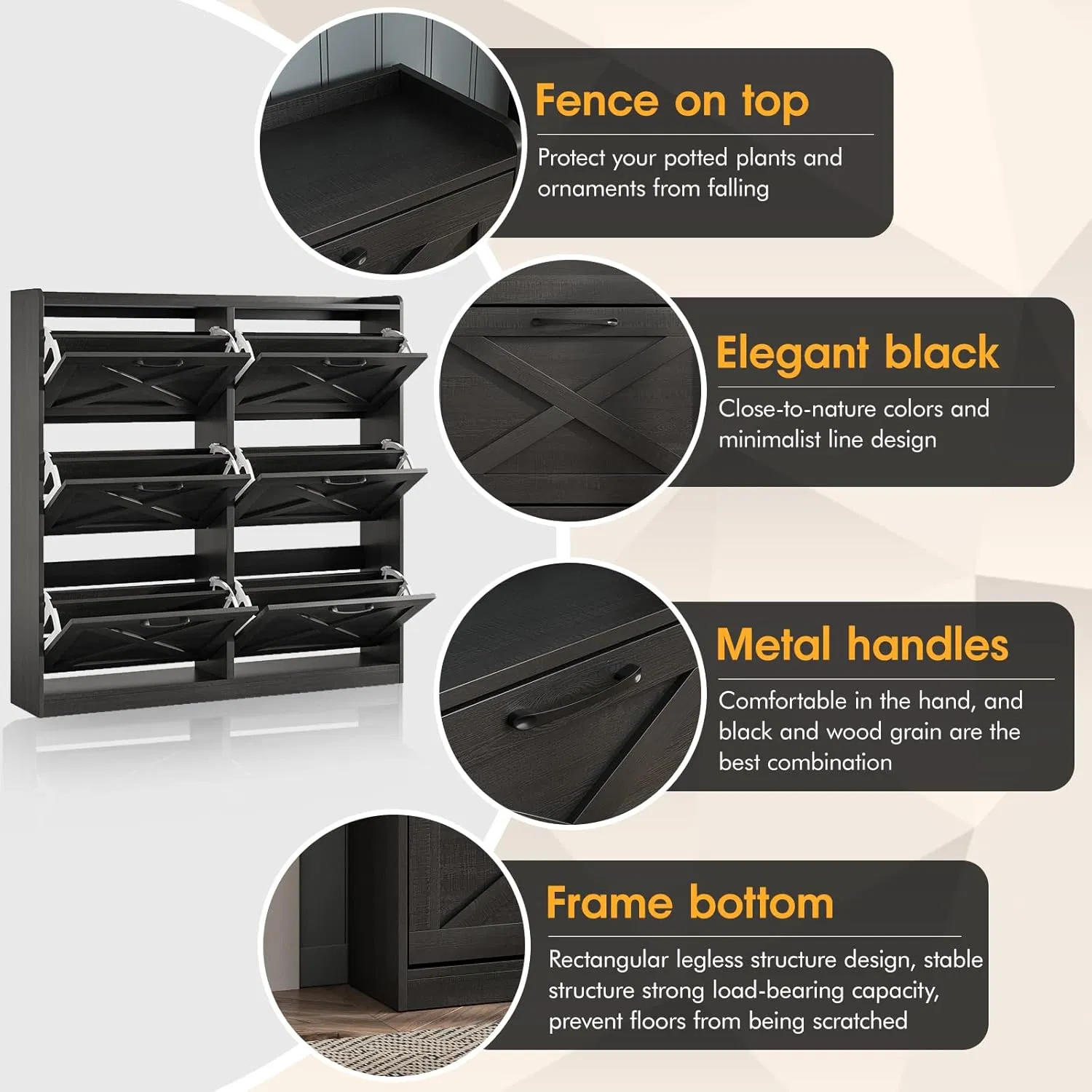 Entryway Barn-Door Style Flip-Top Shoe Cabinet with Adjustable Shelves Top Fence and Anti-Tip Design