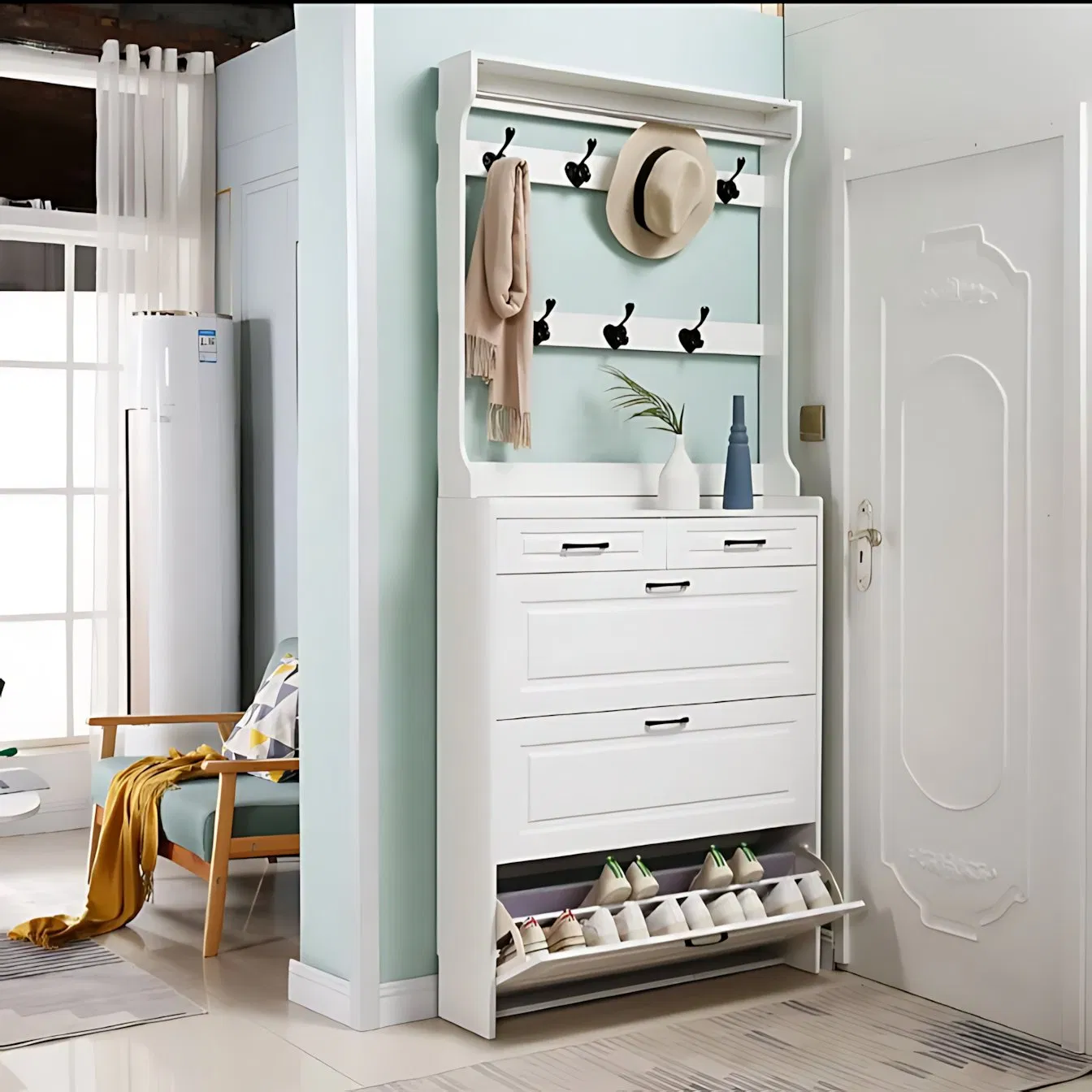 Solid Wood Frame Shoe Cabinet, Entryway Cabinet, Coat Rack, New Style Wall-Mounted Multi-Functional Multi-Layer Storage Cabinet