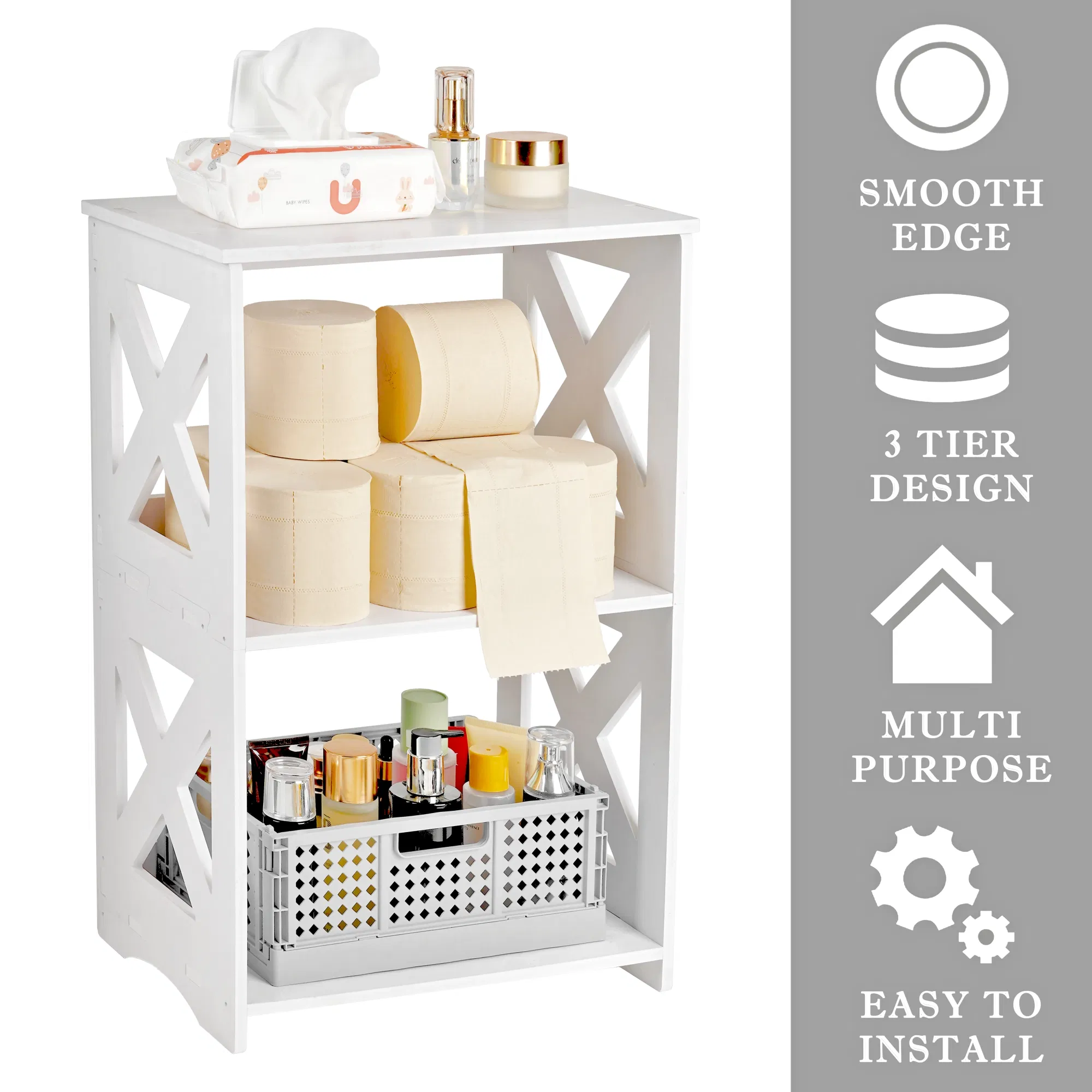 White PVC Small Side Table Book Rack Shelf for Bedroom Living Room Office