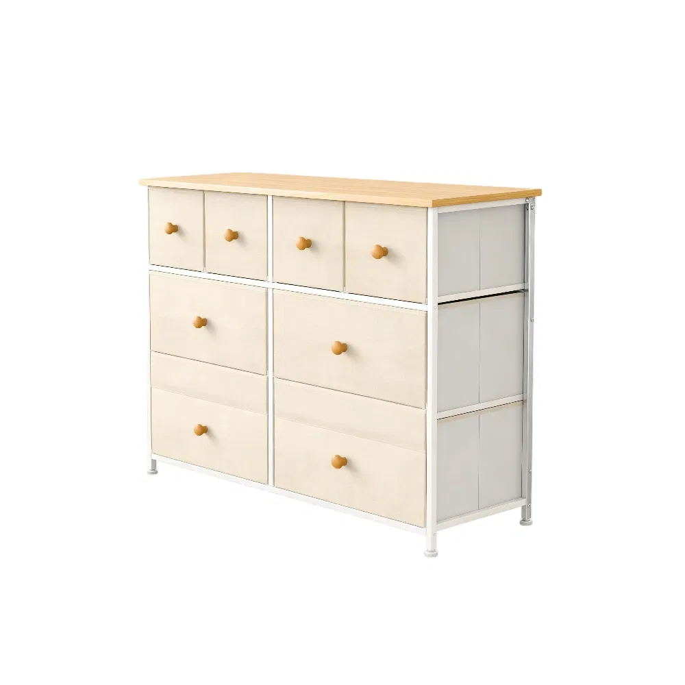 Modern Beige Fabric Chest of Drawers with 10 Spacious Drawers Wooden Tabletop and Easy-Pull Clothes Drawer for Closet Entryway Bedroom Organization