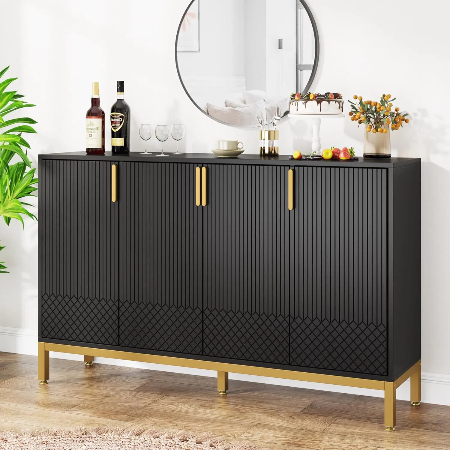 Modern Luxury Textured Door Sideboard with Gold Hardware for Dining Kitchen Living Room Storag