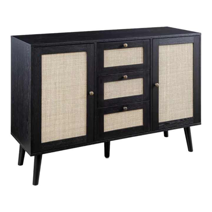 Modern Black Finish Sideboard with Rattan Accents for Dining Rooms