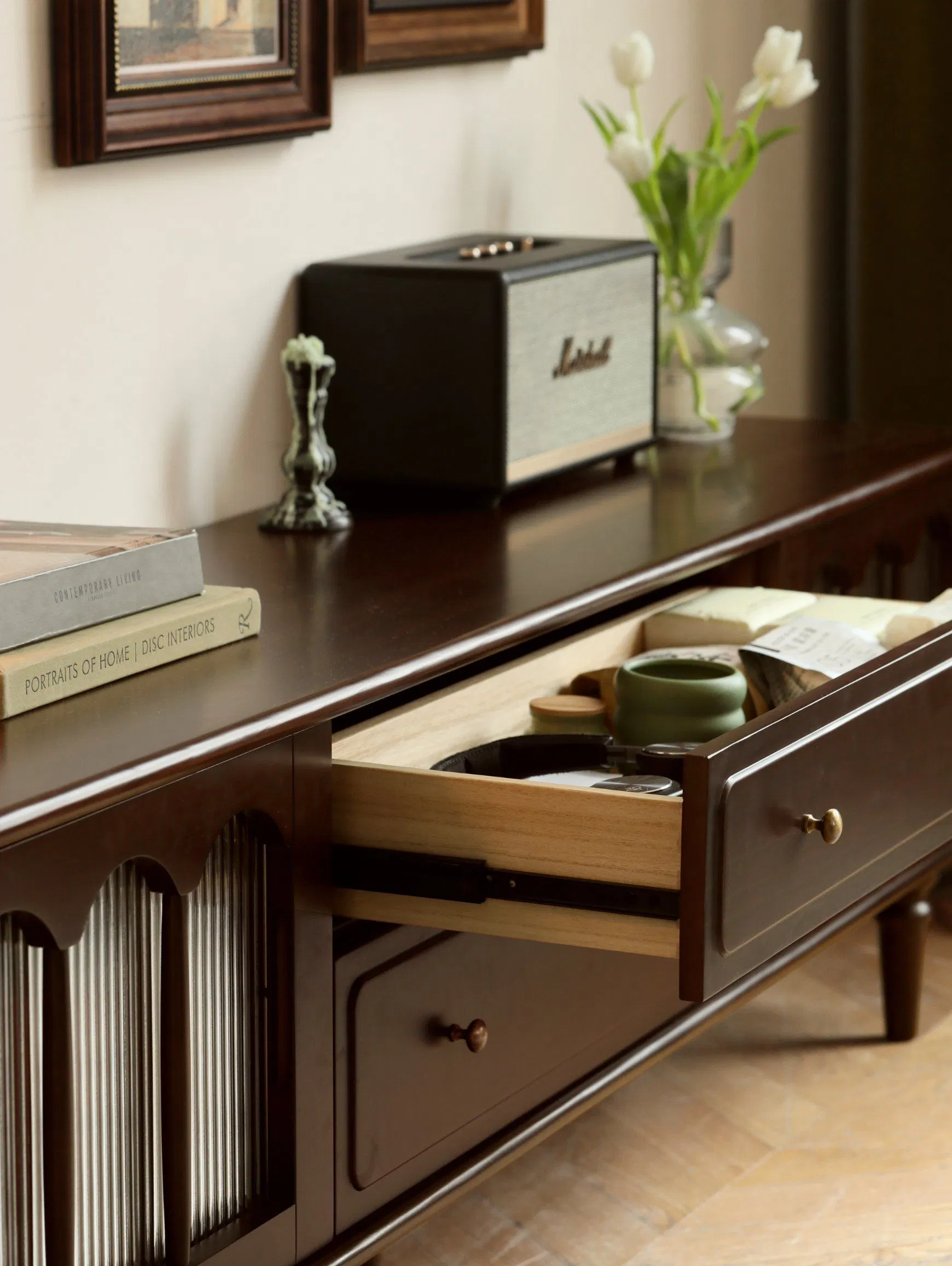 Dark Brown TV Stand with Arched Glass Doors Perfect for Living Room