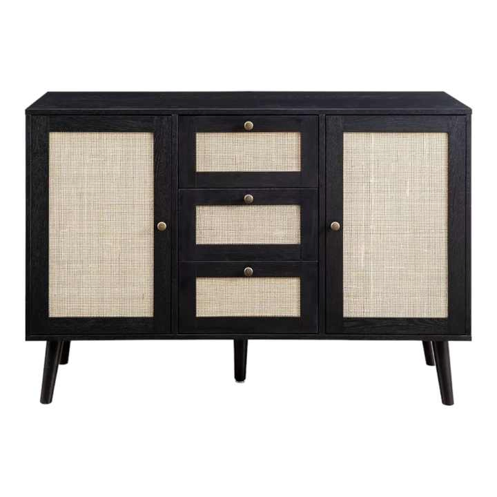 Modern Black Finish Sideboard with Rattan Accents for Dining Rooms