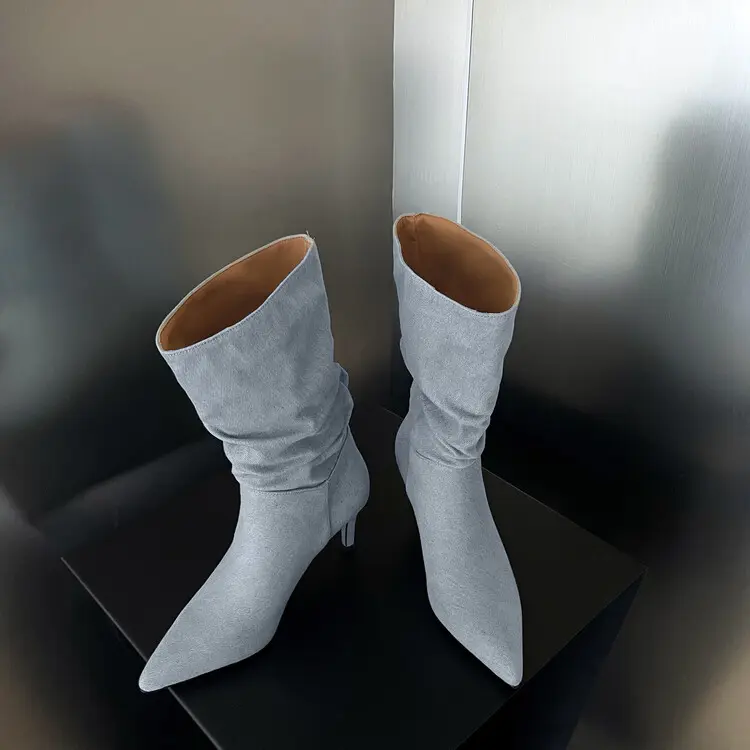 Discount New All-Season Blue Denim Boots – 7.5cm Pointed-Toe Stiletto Manufacturer, Product
