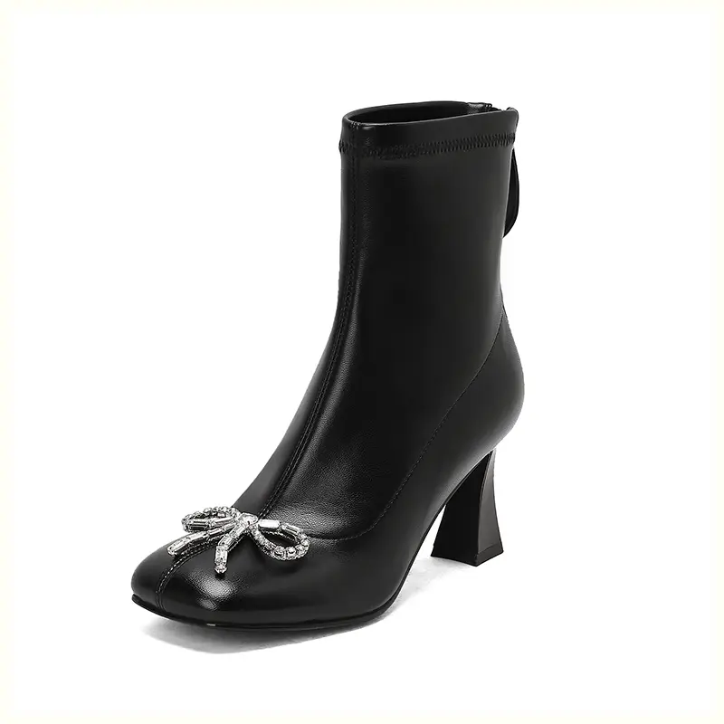 Custom Elegant Rhinestone Bow Cone Heel Square Toe Ankle Boots Zip closure Supplier, Factory