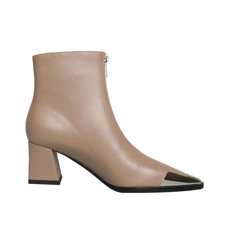 OEM Women's Pigskin Lining Ankle Boots with Chunky Heel