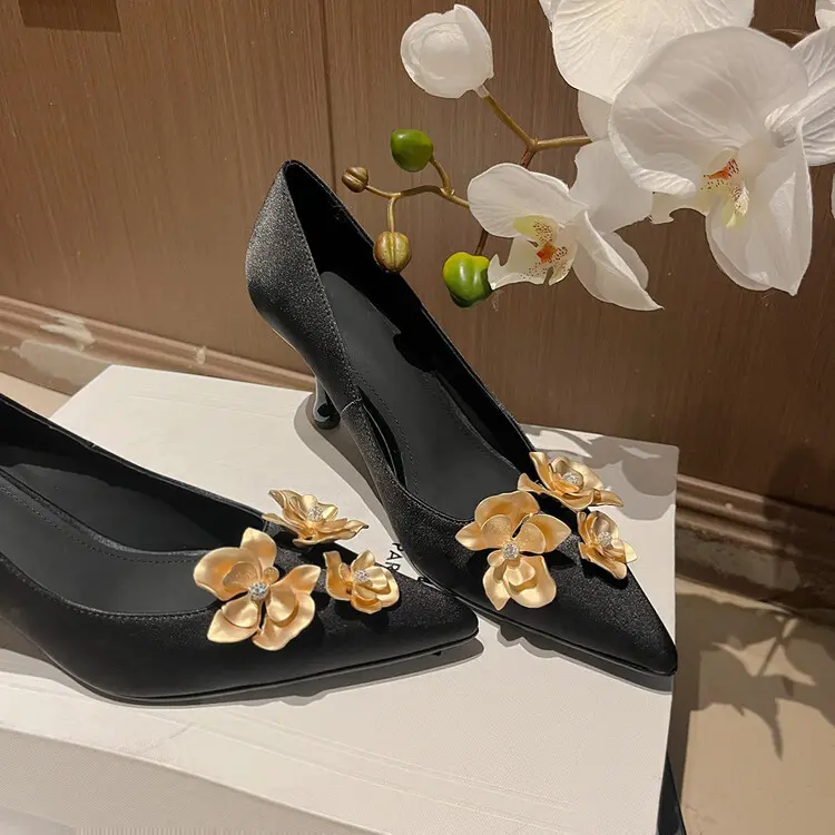 OEM JC Signature Blooming Heels: Gothic Gold Embroidered Satin Pumps Manufacturer, Exporter