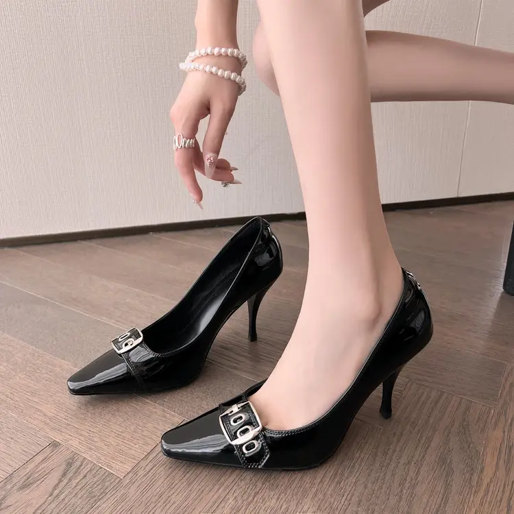 Custom Sexy Western Stiletto Heels 9cm Black Patent Leather Pumps Manufacturers, Factories