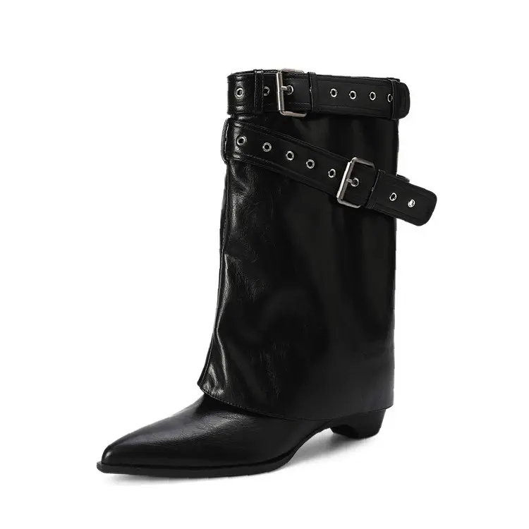Buy Women's Brown Leather Square Heel Boots with Buckle Manufacturer, Factory