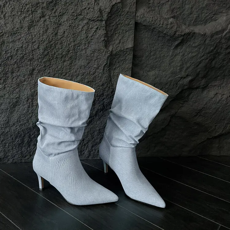 Discount New All-Season Blue Denim Boots – 7.5cm Pointed-Toe Stiletto Manufacturer, Product