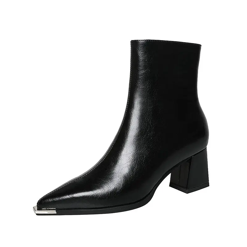 Discount Women's Fashion Leather Ankle Boots with Chunky Heel Zip Closure Company, Product