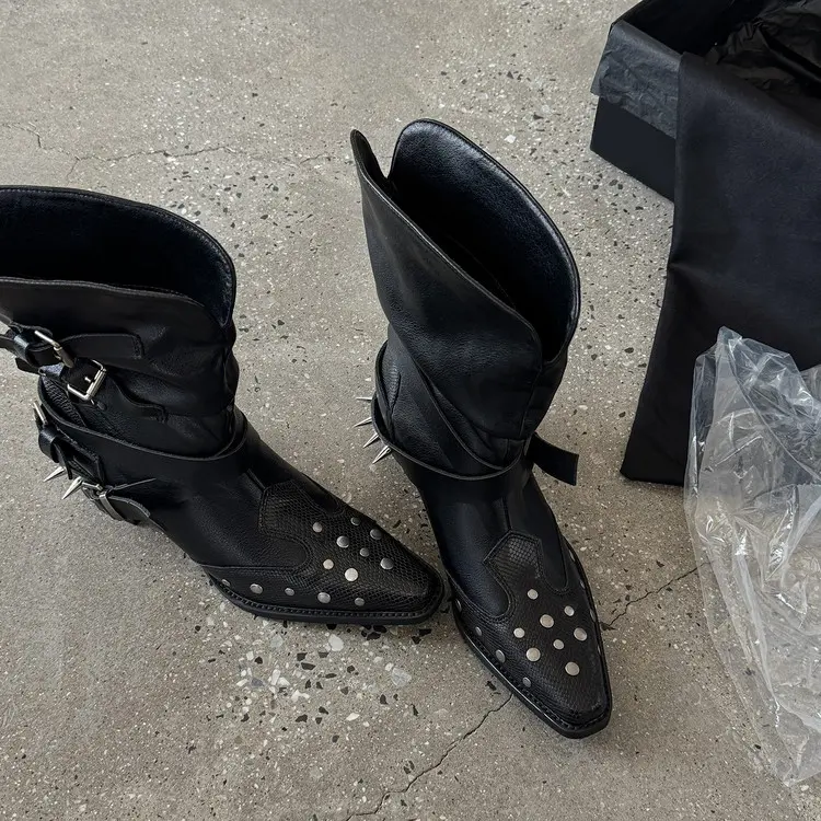 Custom Wide Calf Cowhide Western Boots: 5cm Block Heel, Square Toe