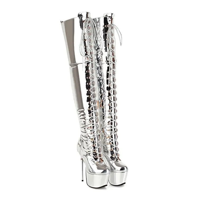 Best Silver 16cm Extreme Heel Western Over-The-Knee Lace-Up Boots Pricelist, Quotes