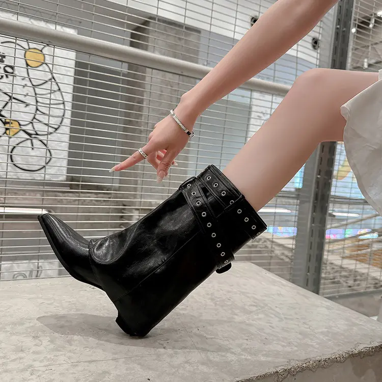 Buy Women's Brown Leather Square Heel Boots with Buckle Manufacturer, Factory
