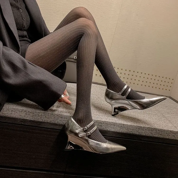 Discount Silver Wedge Heel Mary Jane Pumps: 6.5cm Black Leather Quotes, Exporter
