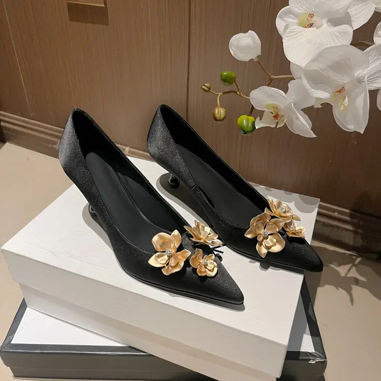 OEM JC Signature Blooming Heels: Gothic Gold Embroidered Satin Pumps Manufacturer, Exporter