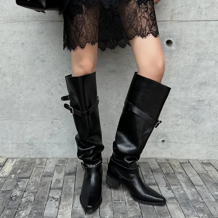 Wholesale Gothic Black Western Wide Calf Slouchy Boots with Silver Buckle Suppliers, Service