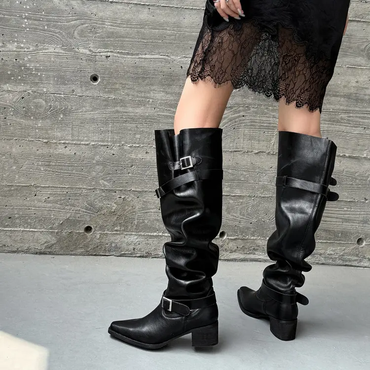 Wholesale Gothic Black Western Wide Calf Slouchy Boots with Silver Buckle Suppliers, Service