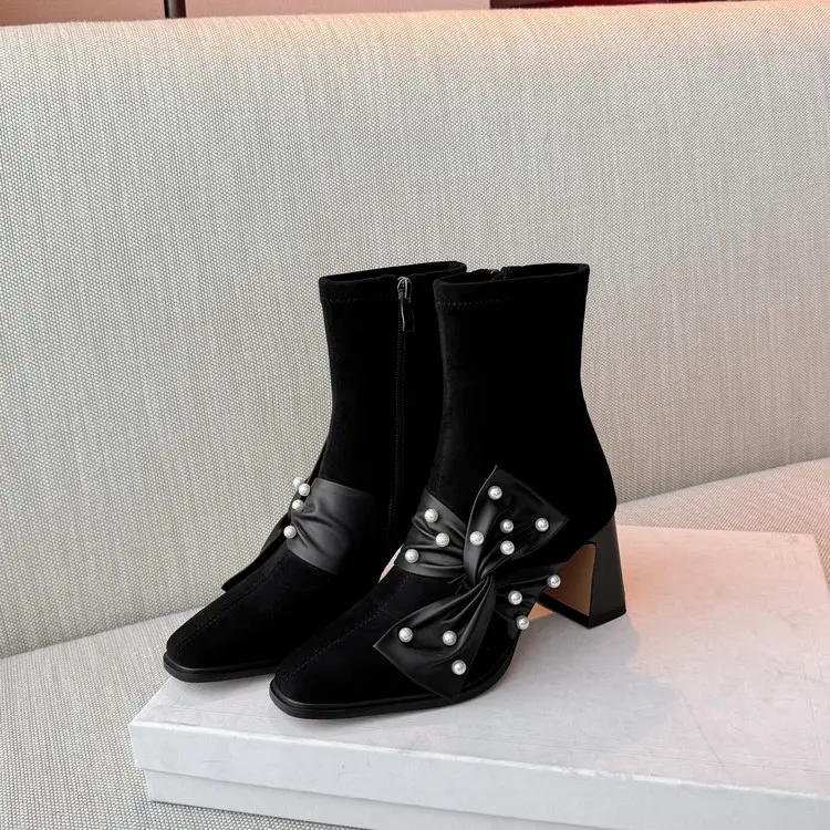 Famous Women's Short Boots: Bow, Pearl, 7cm Block Heel, Square Toe Exporters, Products