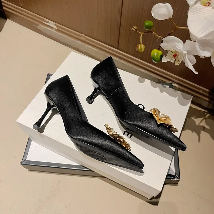 OEM JC Signature Blooming Heels: Gothic Gold Embroidered Satin Pumps Manufacturer, Exporter