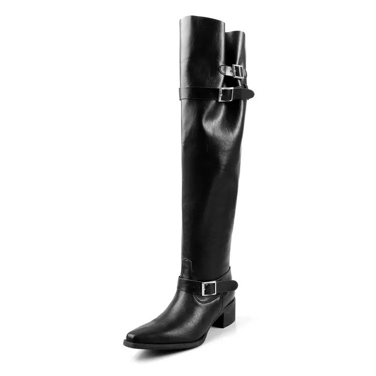Wholesale Gothic Black Western Wide Calf Slouchy Boots with Silver Buckle Suppliers, Service