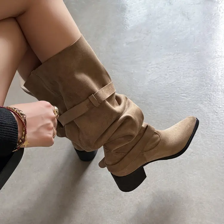 Wholesale Gothic Black Western Wide Calf Slouchy Boots with Silver Buckle Suppliers, Service