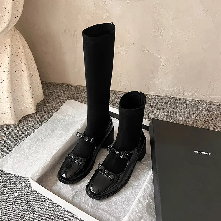 Wholesale Stretch Velvet Mary Jane Boots, 5.5cm Chunky Heel, Knee High