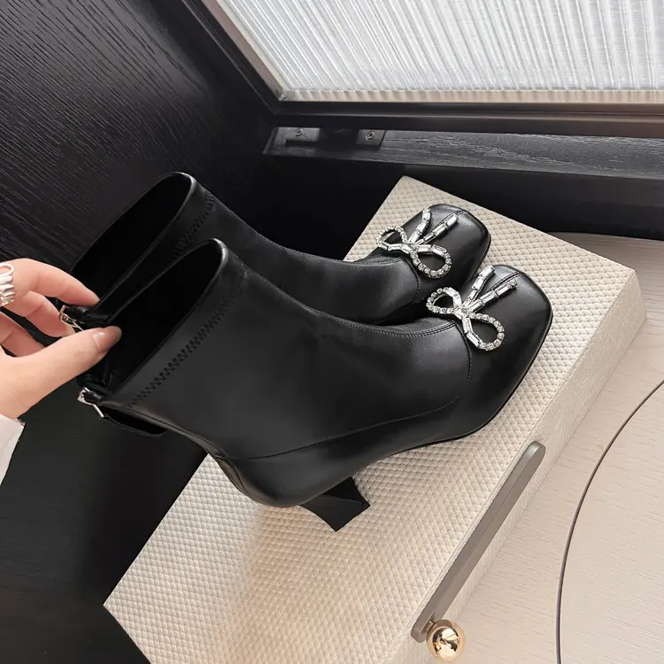 China Elegant Rhinestone Bow Ankle Boots: Cone Heel, Square Toe, Wedding Supplier, Product
