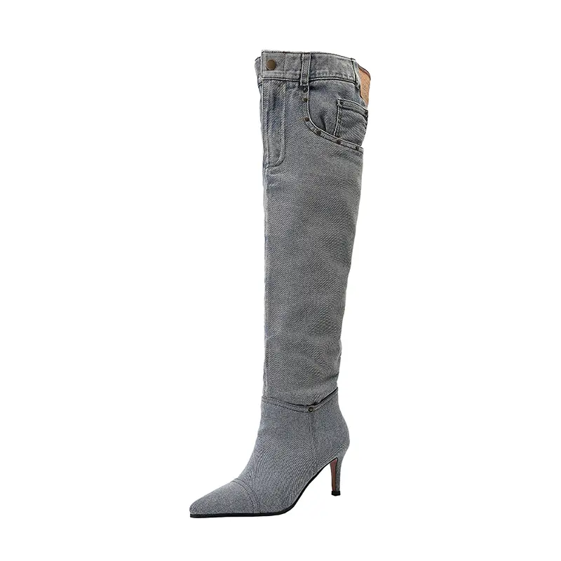 Discount 7cm Stiletto Pull-On Women's Knee-High Denim Heel Boots Suppliers, Companies