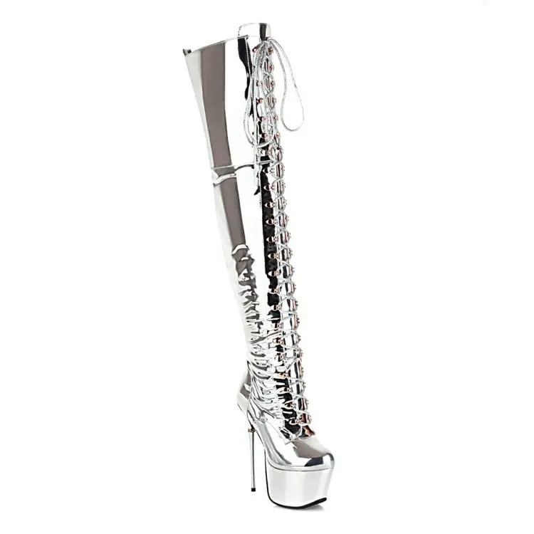 Best Silver 16cm Extreme Heel Western Over-The-Knee Lace-Up Boots Pricelist, Quotes