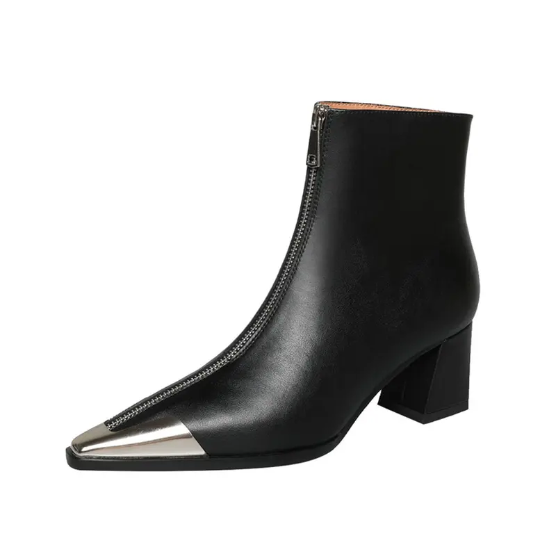 OEM Women's Pigskin Lining Ankle Boots with Chunky Heel