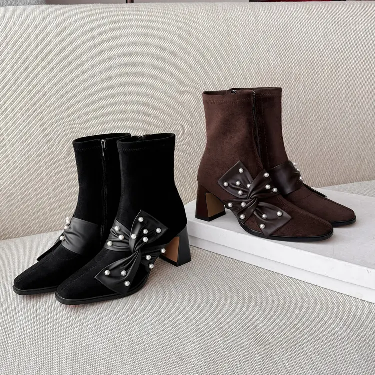 Famous Women's Short Boots: Bow, Pearl, 7cm Block Heel, Square Toe Exporters, Products