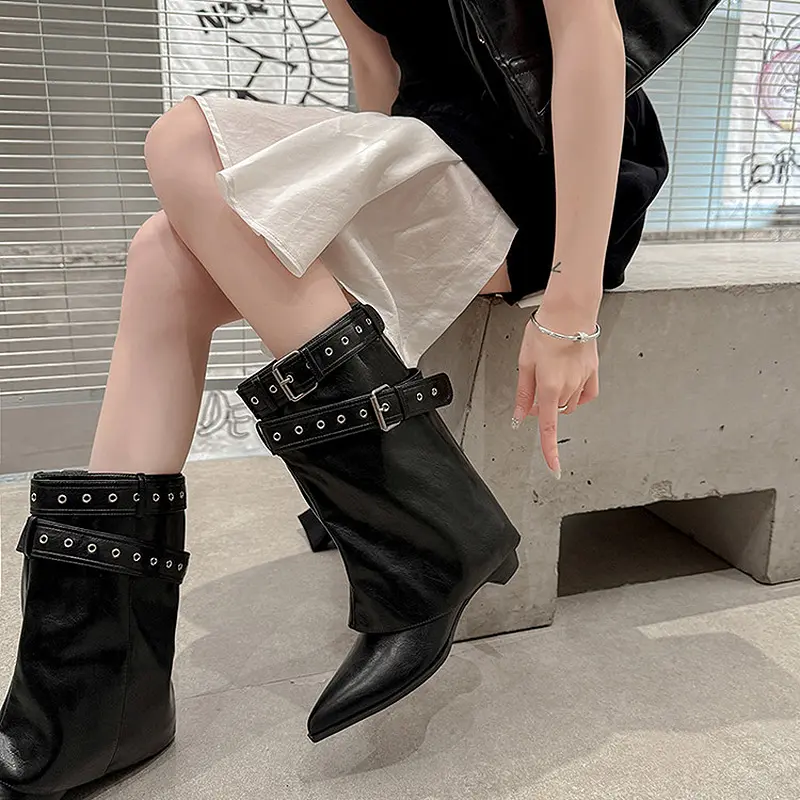 Famous Women's Sexy Buckle Strap Knee High Chunky Heel Boots Company, Product