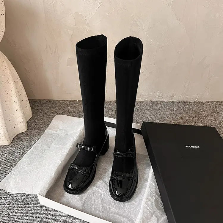 Wholesale Stretch Velvet Mary Jane Boots, 5.5cm Chunky Heel, Knee High