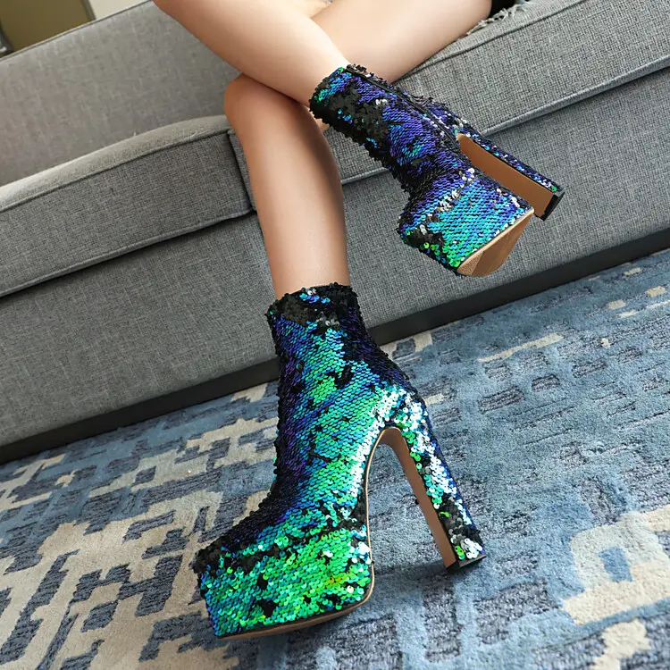 Custom Flip Sequin Ankle Boots: 15.5CM Chunky Heel, Dance/Party