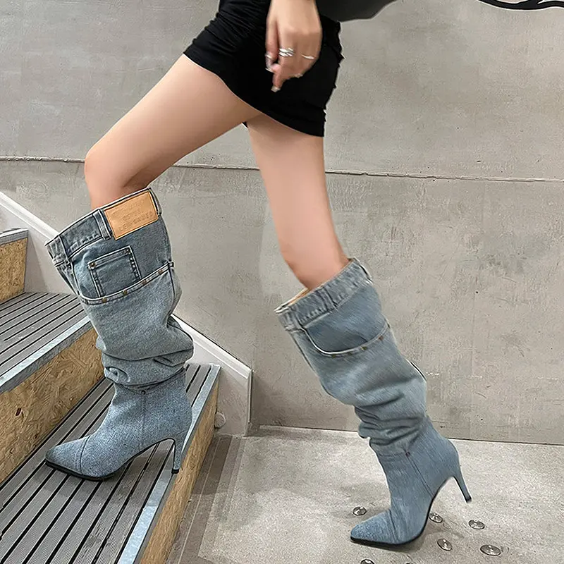 Discount 7cm Stiletto Pull-On Women's Knee-High Denim Heel Boots Suppliers, Companies